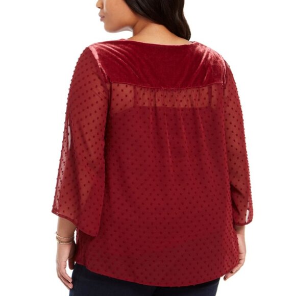 Style & Co Blouse Top Women's 3X Plus Red Eyelet-Yoke Swiss-Dot Textured Overlay - Picture 11 of 12